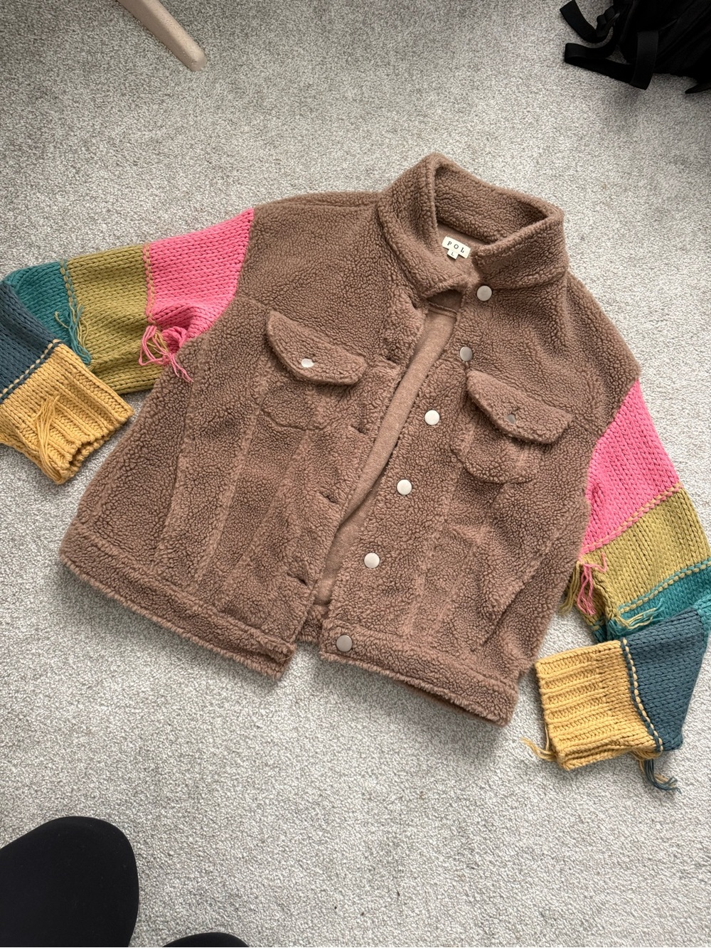 POL Brown Sherpa Jacket with Colorblock Knit Sleeves